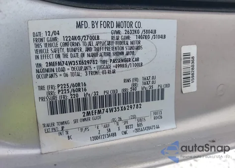 2005 Mercury Grand Marquis Gs из США, поврежденный, VIN 2MEFM74W35X629782